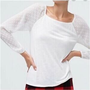 J Crew Ivory Square-neck Top with Sheer clip-dot Sleeves Womens Size XS